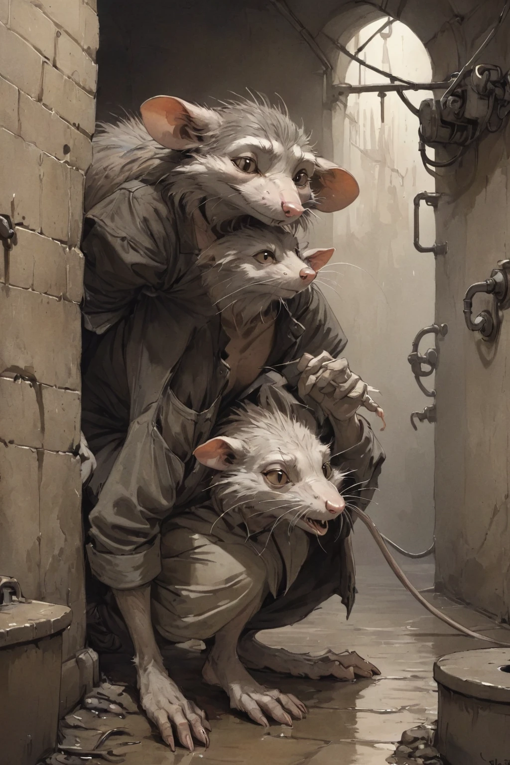 Jean-Baptiste Monge Style - A scruffy sewer rat, in the style of Redwall illustrations.
