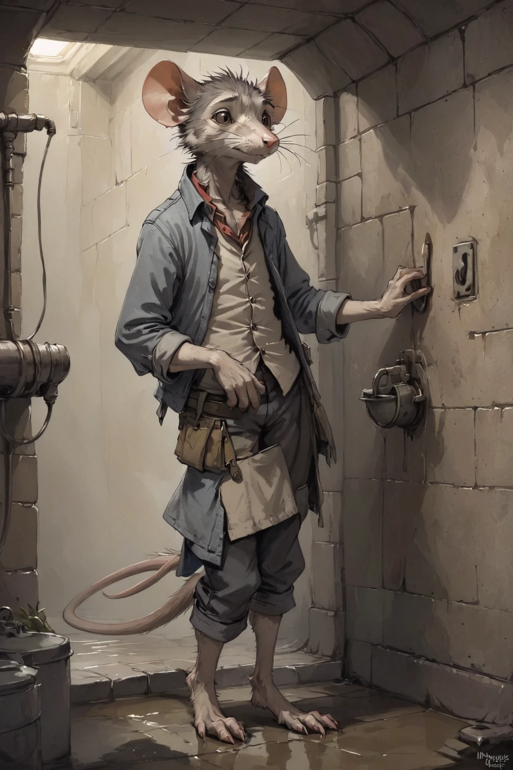 Jean-Baptiste Monge Style - A scruffy sewer rat, in the style of Redwall illustrations.
