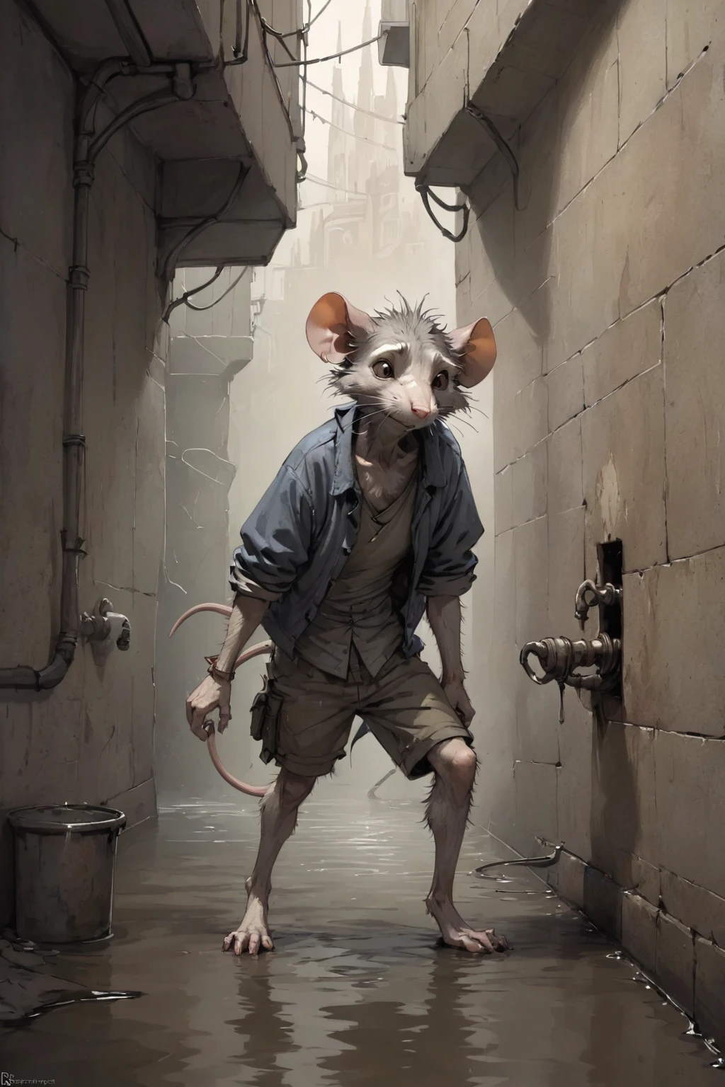 Jean-Baptiste Monge Style - A scruffy sewer rat, in the style of Redwall illustrations.
