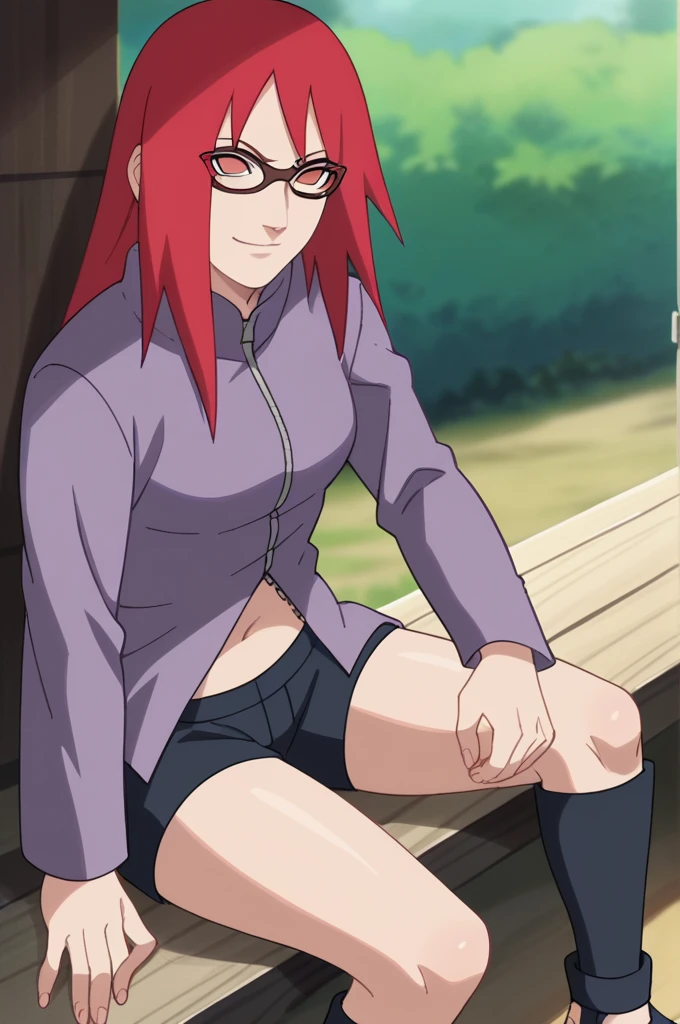 red hair, 1girl, glasses, long hair, red eyes, solo, long shirt, black thighhighs, black shorts, navel, looking at viewer,medium breasts, long sleeves,  smirk,outdoors , no pupils, sitting,legs together, zipper,toeless footwear, cowgirl outfit,
anime screencap, anime coloring,source_anime,naruto \(series\), naruto shippuuden,