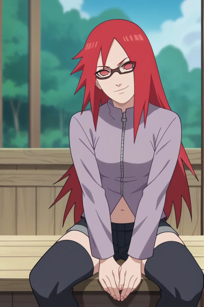red hair, 1girl, glasses, long hair, red eyes, solo, long shirt, black thighhighs, black shorts, navel, looking at viewer,medium breasts, long sleeves,  smirk,outdoors , no pupils, sitting,legs together, zipper,toeless footwear, cowgirl outfit,
anime screencap, anime coloring,source_anime,naruto \(series\), naruto shippuuden,