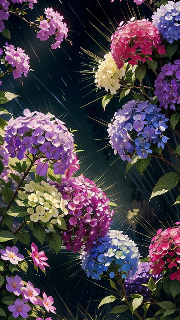 rain、Hydrangea background、Colorful hydrangeas、Hydrangea scenery、firework、firework大会、Rainbow colorsのfireworkが打ちあがっている瞬間、夜nullとともに、、紫陽花景色で壮大なfirework、future都市、Highest quality、masterpiece, (Diffuse reflection of light:1.2), When the fantastic rainbow turns into shadow, bathed in a mystical atmosphere, Cast magic spells. evoke a sense of wonder and awe. A fusion of natural grandeur and magic, Weaving dreams into reality. Behold, null, And the unknown, Fleeting、And an eternal moment, 16K, Ultra-high resolution.Realistic, Ultra-high resolution, to be born,future、Rainbow colorsに光り輝く、Rainbow colors、The world 30 years from now。