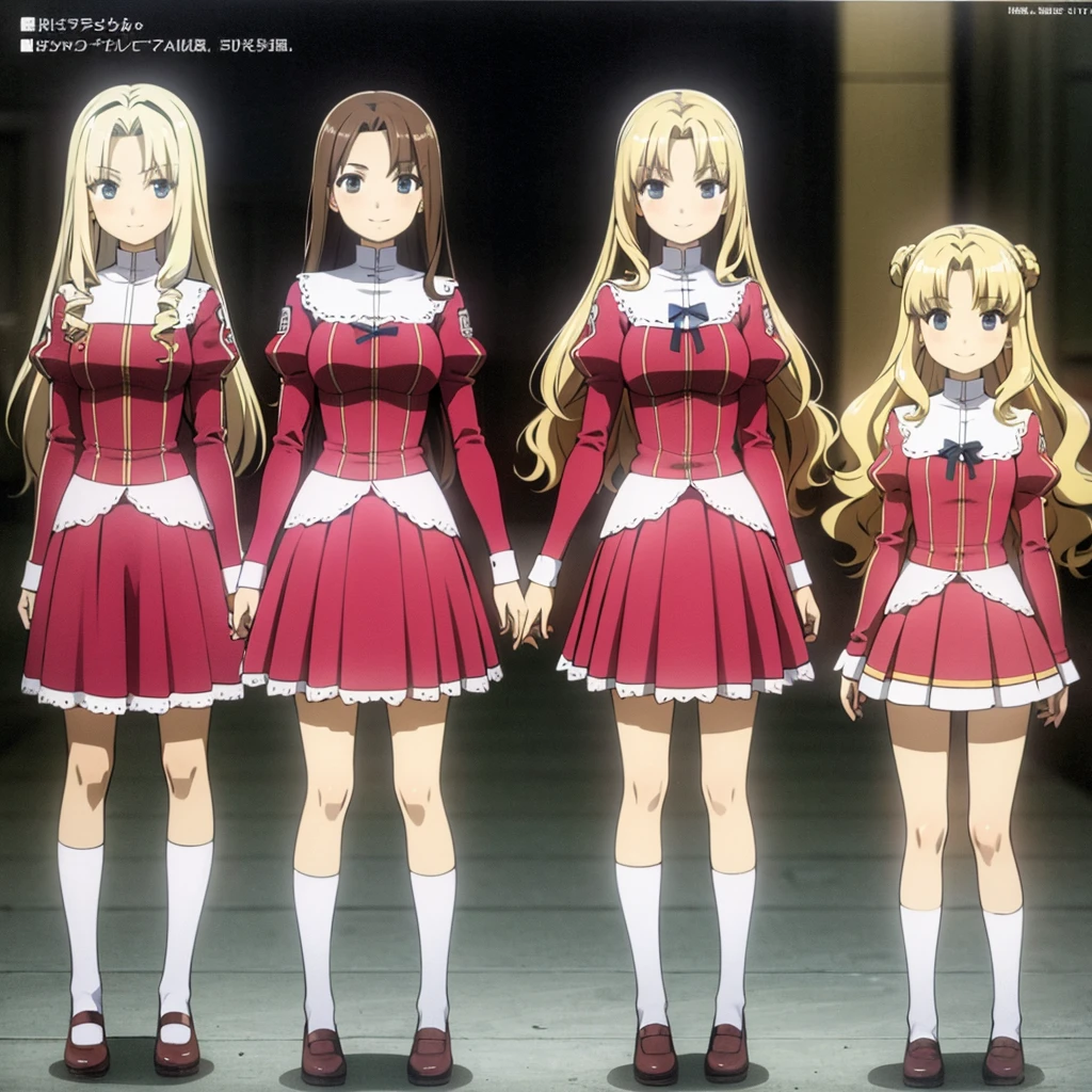 masterpiece, high quality, 4 girls, 4 sisters, blond hair, curly hair, brown haired sisters, blond sisters, different hair colors, hazel eyes, medium bust, matching clothing, uniforms, smiling, flat_color, same height, organized pose, back to back