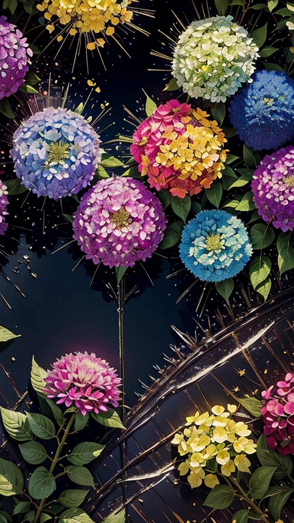 rain、Hydrangea background、Colorful hydrangeas、Hydrangea scenery、firework、firework大会、Rainbow colorsのfireworkが打ちあがっている瞬間、夜nullとともに、、紫陽花景色で壮大なfirework、future都市、Highest quality、masterpiece, (Diffuse reflection of light:1.2), When the fantastic rainbow turns into shadow, bathed in a mystical atmosphere, Cast magic spells. evoke a sense of wonder and awe. A fusion of natural grandeur and magic, Weaving dreams into reality. Behold, null, And the unknown, Fleeting、And an eternal moment, 16K, Ultra-high resolution.Realistic, Ultra-high resolution, to be born,future、Rainbow colorsに光り輝く、Rainbow colors、The world 30 years from now。