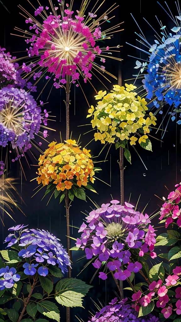rain、Hydrangea background、Colorful hydrangeas、Hydrangea scenery、firework、firework大会、Rainbow colorsのfireworkが打ちあがっている瞬間、夜nullとともに、、紫陽花景色で壮大なfirework、future都市、Highest quality、masterpiece, (Diffuse reflection of light:1.2), When the fantastic rainbow turns into shadow, bathed in a mystical atmosphere, Cast magic spells. evoke a sense of wonder and awe. A fusion of natural grandeur and magic, Weaving dreams into reality. Behold, null, And the unknown, Fleeting、And an eternal moment, 16K, Ultra-high resolution.Realistic, Ultra-high resolution, to be born,future、Rainbow colorsに光り輝く、Rainbow colors、The world 30 years from now。