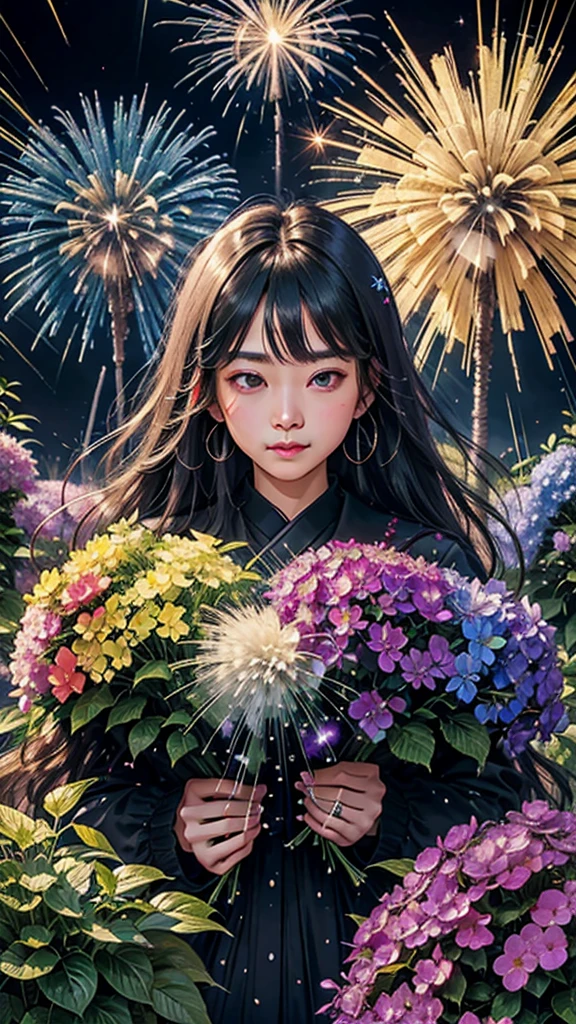 rain、Hydrangea background、Colorful hydrangeas、Hydrangea scenery、firework、firework大会、Rainbow colorsのfireworkが打ちあがっている瞬間、夜nullとともに、、紫陽花景色で壮大なfirework、future都市、Highest quality、masterpiece, (Diffuse reflection of light:1.2), When the fantastic rainbow turns into shadow, bathed in a mystical atmosphere, Cast magic spells. evoke a sense of wonder and awe. A fusion of natural grandeur and magic, Weaving dreams into reality. Behold, null, And the unknown, Fleeting、And an eternal moment, 16K, Ultra-high resolution.Realistic, Ultra-high resolution, to be born,future、Rainbow colorsに光り輝く、Rainbow colors、The world 30 years from now。