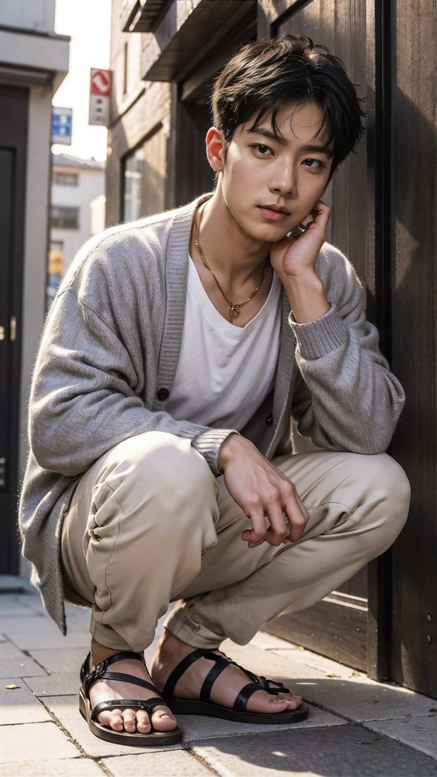 In this fascinating photo、A handsome 35-year-old Chinese man with a beaming、He is wearing a white shirt, a black cardigan, grey sweatshirts and black sandals.、 He was crouching on the edge of an outdoor street environment.., Colorful dust, Holi Festival, Bathed in the golden light of a beautiful day. With unparalleled attention to detail., This realistic portrait blends National Geographic style。., 8K resolution captures skin texture in fine detail. Leica digital SLR camera. His features were clearly visible., From deep-set eyes to a chiseled jawline., Make this image a true masterpiece..lift. (8K Ultra HD、Raw photo、Photorealistic Portraits Leica Digital SLR、Realistic images)