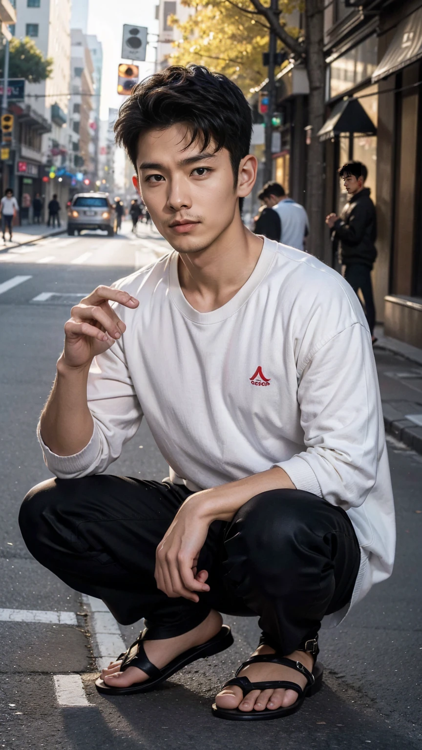 In this fascinating photo、A handsome 35-year-old Chinese man with a beaming、He is wearing a white shirt, a black cardigan, grey sweatshirts and black sandals.、 He was crouching on the edge of an outdoor street environment.., Colorful dust, Holi Festival, Bathed in the golden light of a beautiful day. With unparalleled attention to detail., This realistic portrait blends National Geographic style。., 8K resolution captures skin texture in fine detail. Leica digital SLR camera. His features were clearly visible., From deep-set eyes to a chiseled jawline., Make this image a true masterpiece..lift. (8K Ultra HD、Raw photo、Photorealistic Portraits Leica Digital SLR、Realistic images)