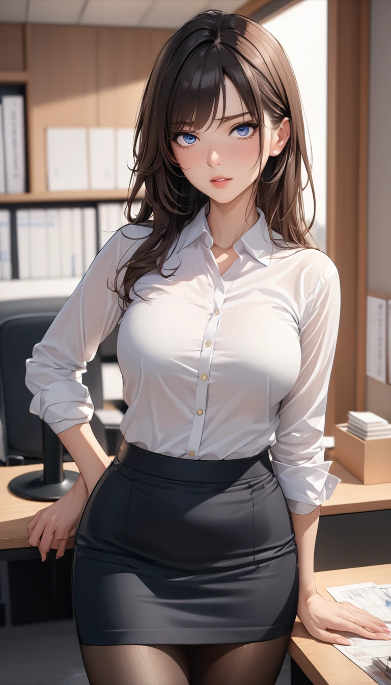 (((masterpiece))),(((High resolution)))、(((8K)))、(((perfect face)))、(((beauty of japan)))、30 years old、(((beautiful face))), (((office))), (((shirt))), ((pencil skirt)), ((tights)), embarrassed look, look at the camera, top quality eyes, detailed texture, look at the camera, all body, big , Married woman, cool women, (((high resolution eyes)))