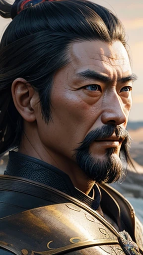 Oriental、Ancient Chinese man in bronze armor、ancient chinese hairstyle male、Three Kingdomultiple warlords、Highest quality、masterpiece、Ultra-high resolution、(Realistic:1.4)、Game Poster、Crisp and beautiful image quality、alone