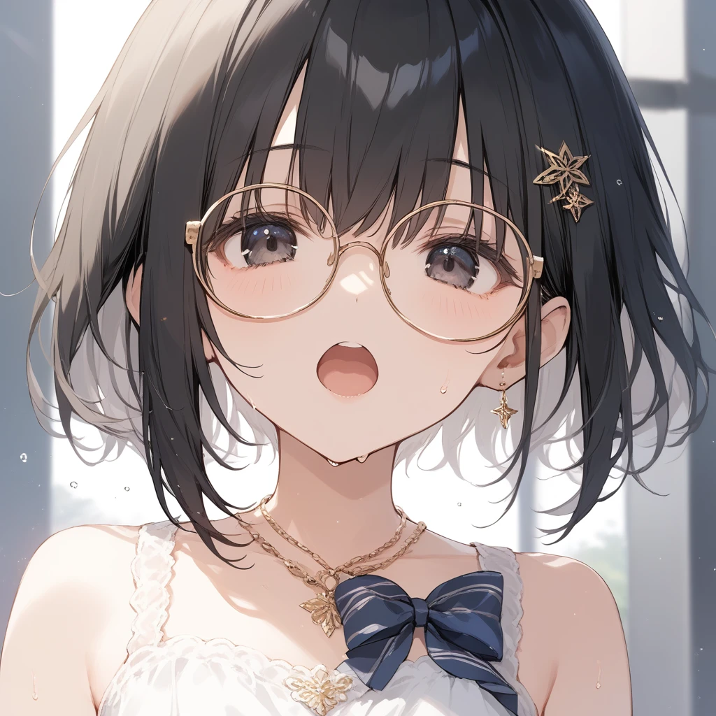 score_9, score_8_up, score_7_up, source_anime, best quality, masterpiece, official art, absurdres, highres, ultra-detailed,waifu2x,Collection: Slice of Life,break,1girl, very short hair,straight hair, long bangs, black eyes, hair over eyes, glasses, small breasts, skirt, sweat, open mouth, outdoors, summer, break,(clear line illustration:1.2),very high resolution, very aesthetic, super detailed skin, Best sexual lighting powered by famous artist, 8k,cute picture,beauty illustration,photoshop_(medium),,(Detailed Lighting),best anime 8k konachan wallpaper, pixiv contest winner,