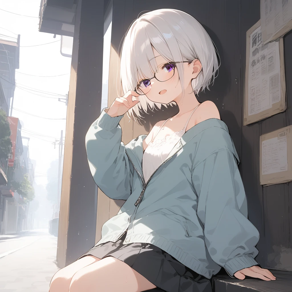 score_9, score_8_up, score_7_up, source_anime, best quality, masterpiece, official art, absurdres, highres, ultra-detailed,waifu2x,Collection: Slice of Life,break,1girl, very short hair,straight hair, long bangs, black eyes, hair over eyes, glasses, small breasts, skirt, sweat, open mouth, outdoors, summer, break,(clear line illustration:1.2),very high resolution, very aesthetic, super detailed skin, Best sexual lighting powered by famous artist, 8k,cute picture,beauty illustration,photoshop_(medium),,(Detailed Lighting),best anime 8k konachan wallpaper, pixiv contest winner, 