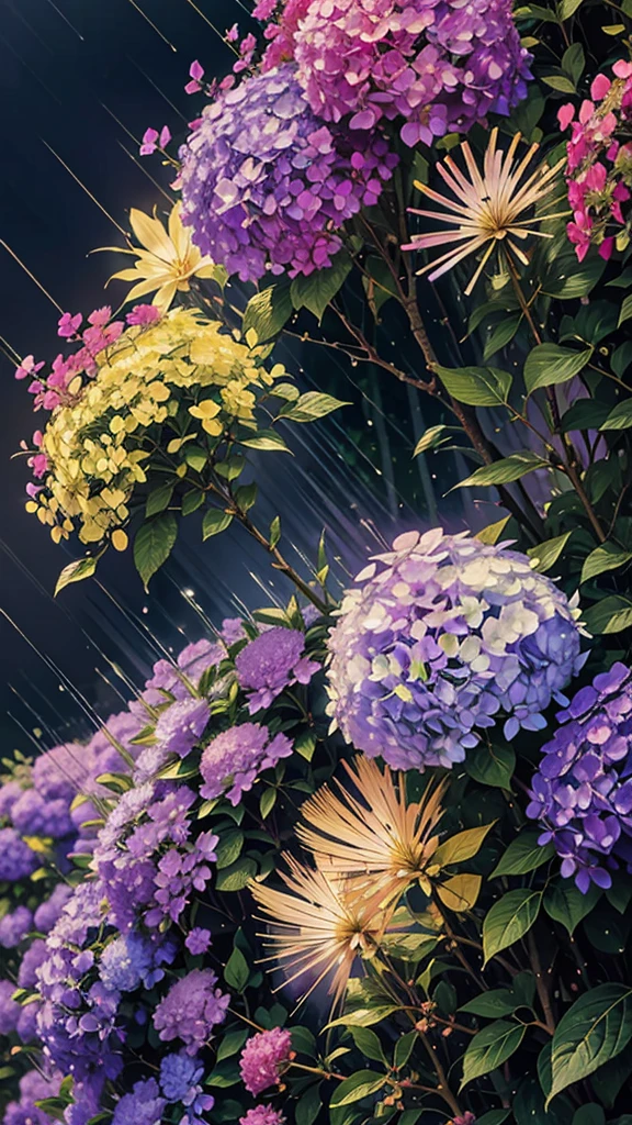 rain、Hydrangea background、Colorful hydrangeas、Hydrangea scenery、firework、firework大会、Rainbow colorsのfireworkが打ちあがっている瞬間、夜nullとともに、、紫陽花景色で壮大なfirework、future都市、Highest quality、masterpiece, (Diffuse reflection of light:1.2), When the fantastic rainbow turns into shadow, bathed in a mystical atmosphere, Cast magic spells. evoke a sense of wonder and awe. A fusion of natural grandeur and magic, Weaving dreams into reality. Behold, null, And the unknown, Fleeting、And an eternal moment, 16K, Ultra-high resolution.Realistic, Ultra-high resolution, to be born,future、Rainbow colorsに光り輝く、Rainbow colors、The world 30 years from now。