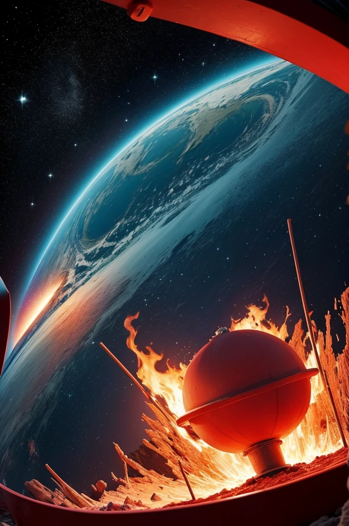 planet Earth with frozen poles, showing the Brazilian side, inside a red circular buoy with a rope around it. in the center of the image there must be an open Bible from which a torch of fire comes out. the background of the image shows the universe.