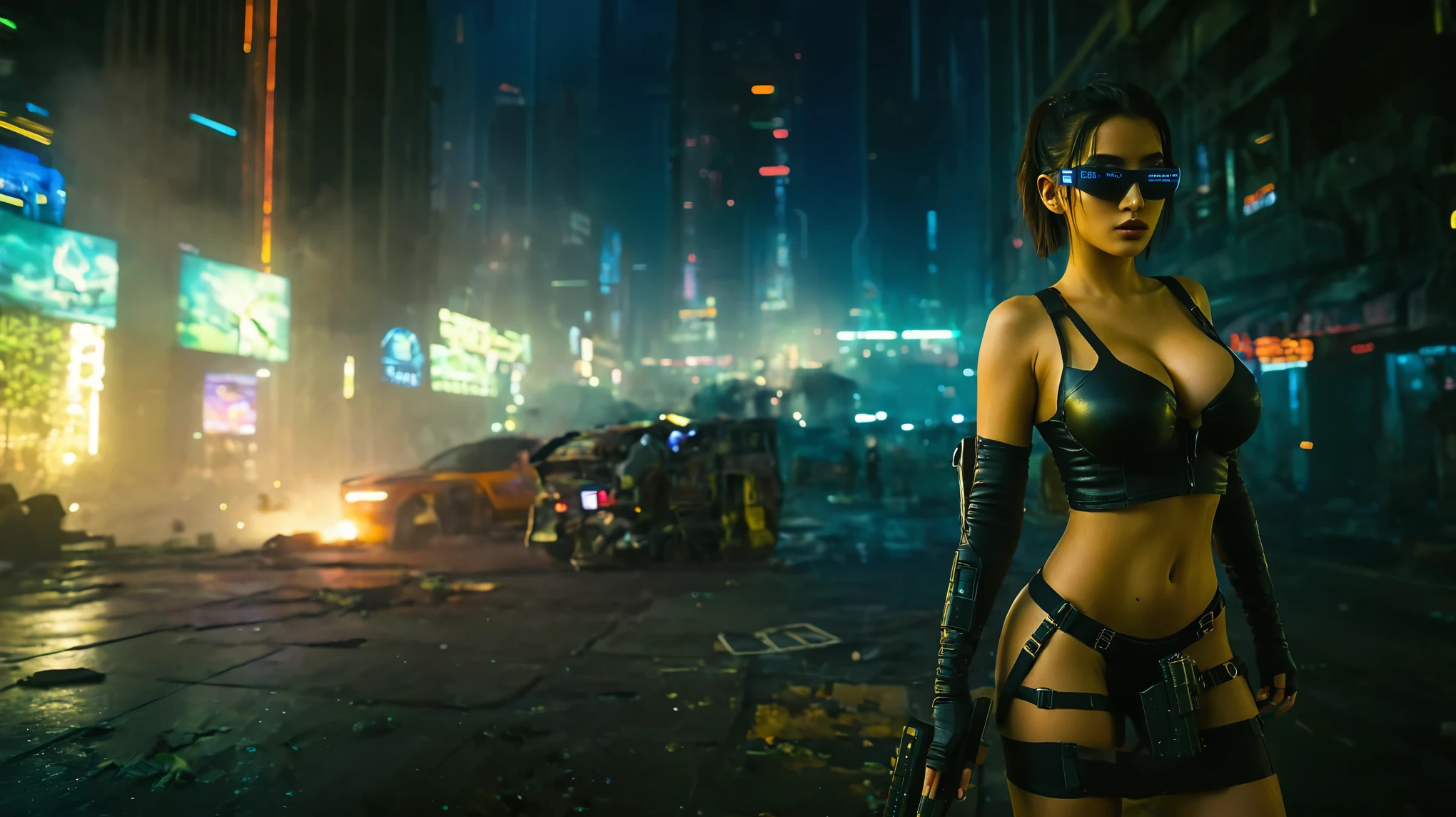 dark futuristic landscape, at night, neon lights, Atmospheric fog, large buildings in the background, futuristic city, busy streets with open shops, Ruined buildings, skyscraper (postapocalyptic city:1.3). at night, (((Matrix style cascading code))), (1woman, solo, perfect body), photo realistic, (large-breast:1.1 slim body, cleavage), (((tube top, extreamly short pleated (((((miniskirt))))) exposing panty))), (((((((matrix style black sunglasses))))))), (((((((sprinting with a (pistol), looking at camera))))))), (((half-body (thigh level) medium shot))), cinematic lighting.