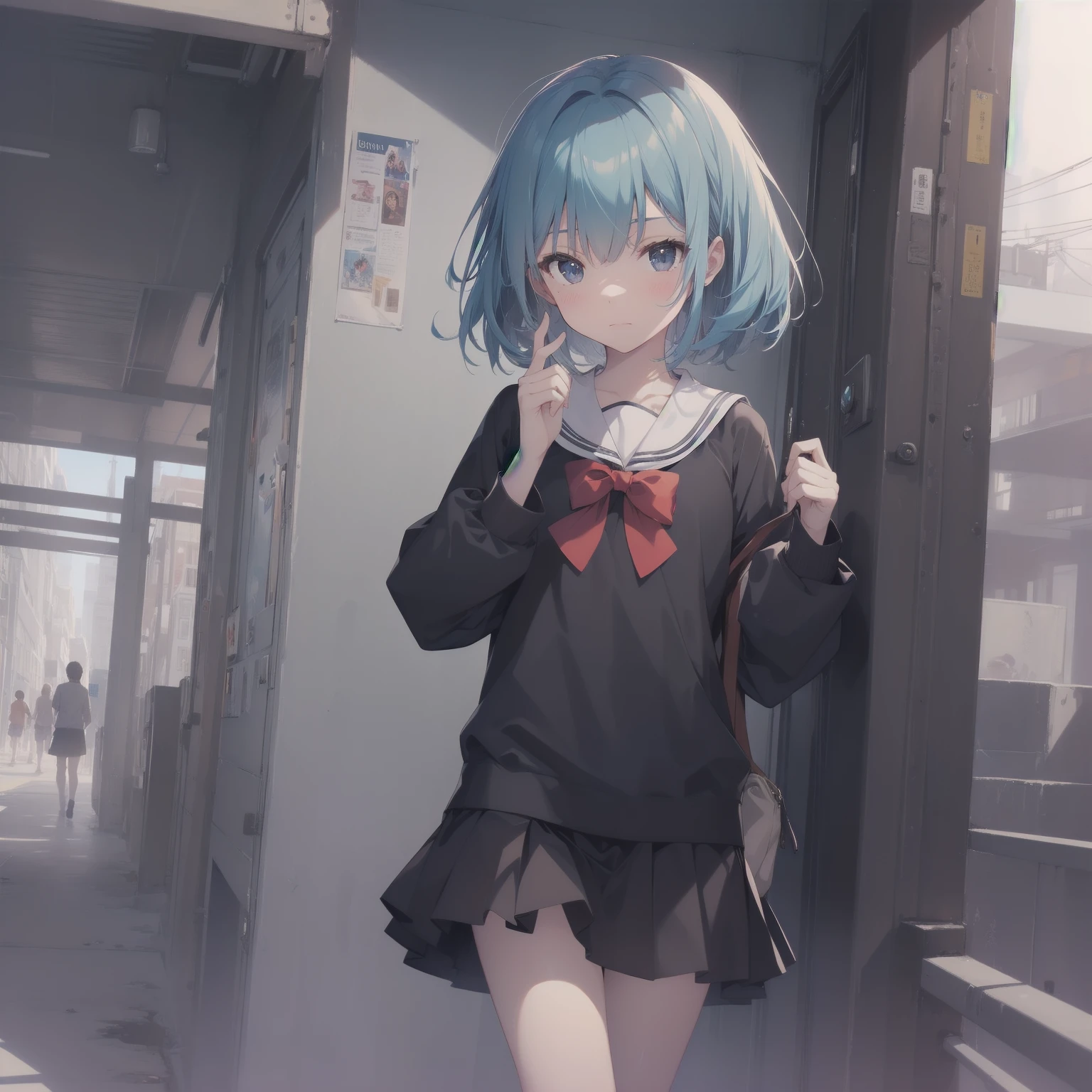 ultra-absurdres-Top quality by artist God, ultra-detailed, high resolution, anime moe artstyle, best anime 8k konachan wallpaper, pixiv contest winner, pool:2810, perfect anatomy,break, 1girl, (Please draw a girl walking sleepily to school alone. )break,(Solo,little female, 13-year-old:1.3),Full limbs, complete fingers,a junior high school student, (very short hair), short cut, flat chest, , small butt, small black eyes, beautiful detailed eyes, well-proportioned iris and pupils, expressive eyes, highres detailed hair, soft expression, salor school_uniform, sailor collar, serahuku, bow, pleated skirt,(Detailed Lighting), (Detailed background), in the School commute route. break,super detailed skin, Best cinematic lighting powered by famous artist, 8k,beauty illustration,photoshop_(medium),very aesthetic,break,((artist:null_(nyanpyoun) )), artist:clamp ,artist:carnelian ,artist:kantoku ,