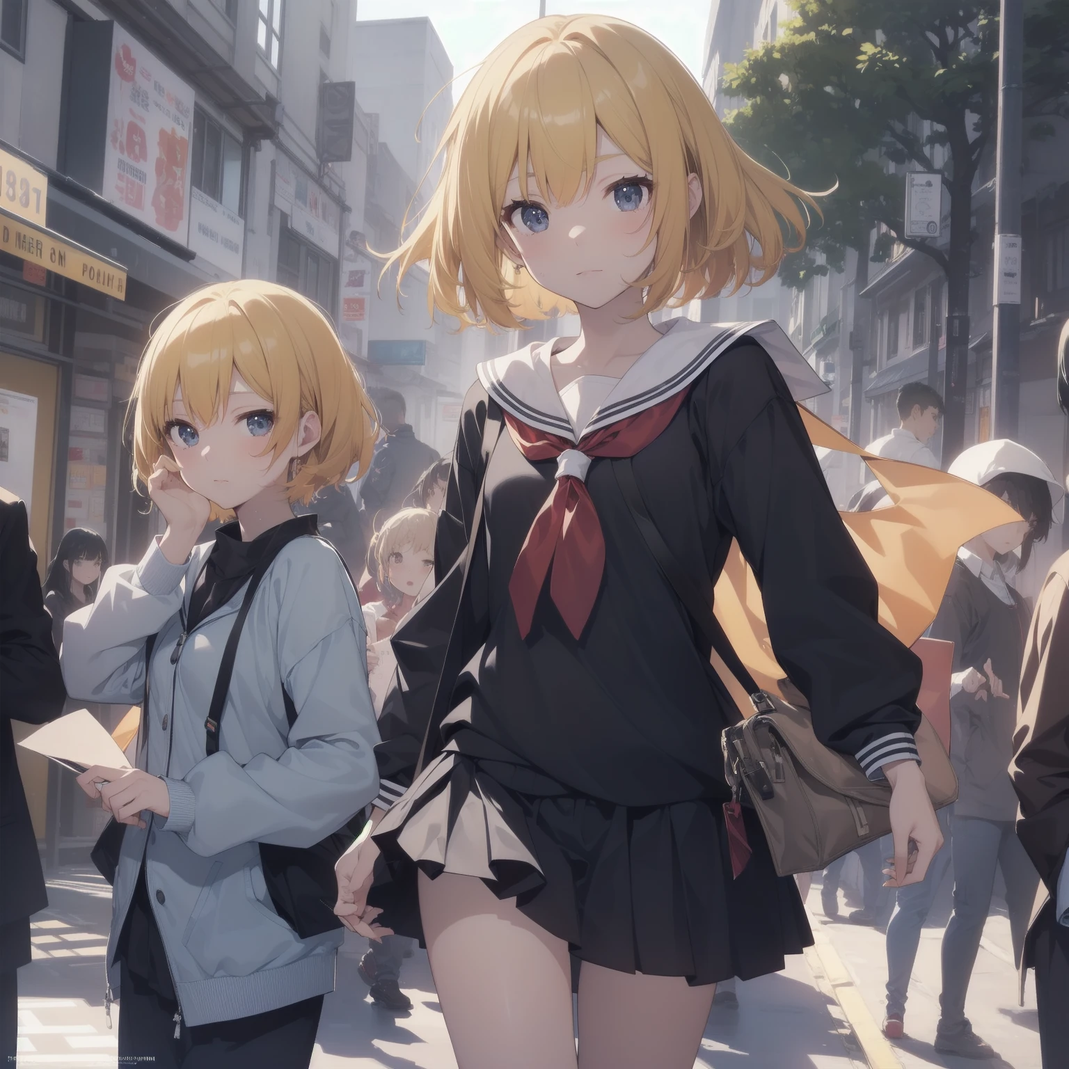 ultra-absurdres-Top quality by artist God, ultra-detailed, high resolution, anime moe artstyle, best anime 8k konachan wallpaper, pixiv contest winner, pool:2810, perfect anatomy,break, 1girl, (Please draw a girl walking sleepily to school alone. )break,(Solo,little female, 13-year-old:1.3),Full limbs, complete fingers,a junior high school student, (very short hair), short cut, flat chest, , small butt, small black eyes, beautiful detailed eyes, well-proportioned iris and pupils, expressive eyes, highres detailed hair, soft expression, salor school_uniform, sailor collar, serahuku, bow, pleated skirt,(Detailed Lighting), (Detailed background), in the School commute route. break,super detailed skin, Best cinematic lighting powered by famous artist, 8k,beauty illustration,photoshop_(medium),very aesthetic,break,((artist:null_(nyanpyoun) )), artist:clamp ,artist:carnelian ,artist:kantoku ,