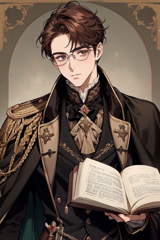 A man with brown hair and round-rimmed glasses, wearing a black tailcoat outfit from the 1900s.