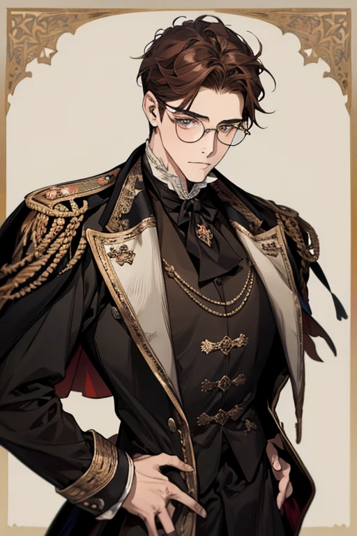 A man with brown hair and round-rimmed glasses, wearing a black tailcoat outfit from the 1900s.