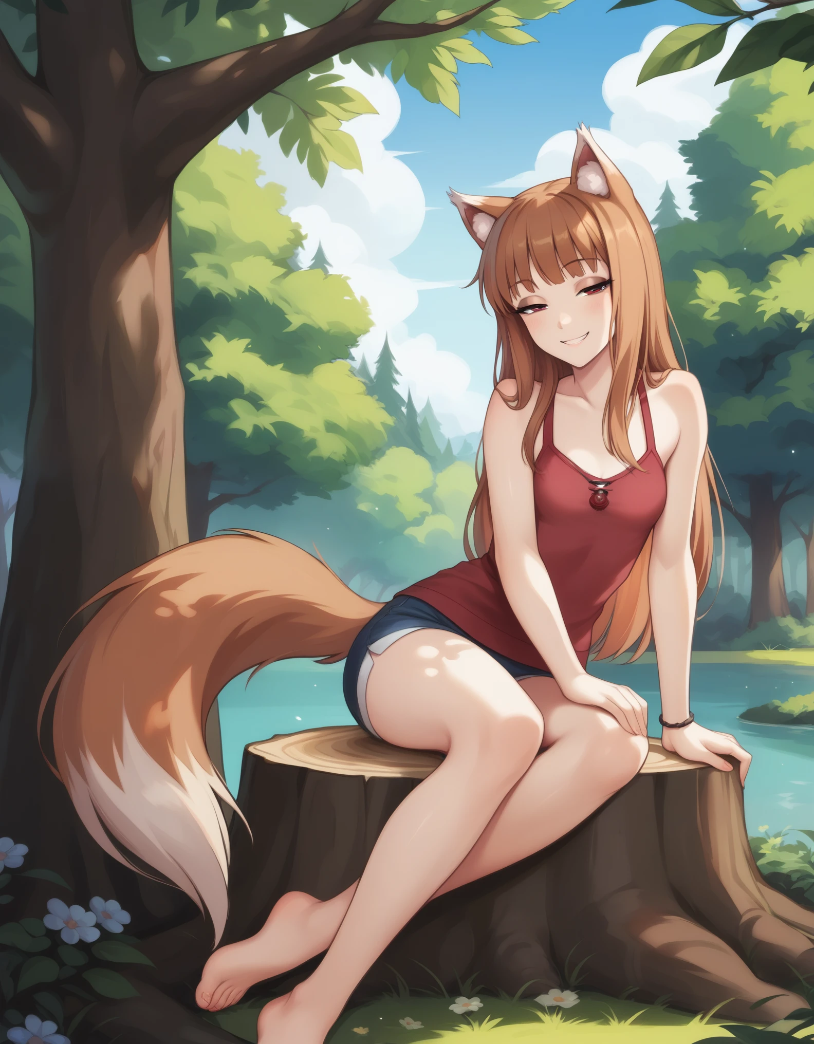 source_safe, 1girl, holo, animal ears, brown hair, long hair, red eyes, wolf ears, wolf girl, small breasts, wolf tail, spice and wolf, BREAK sitting, looking at viewer, (half-closed eyes), seductive smile, BREAK day, bare tree, outdoors, tree, tree stump, BREAK score_9, score_8_up, score_7_up, score_6_up,