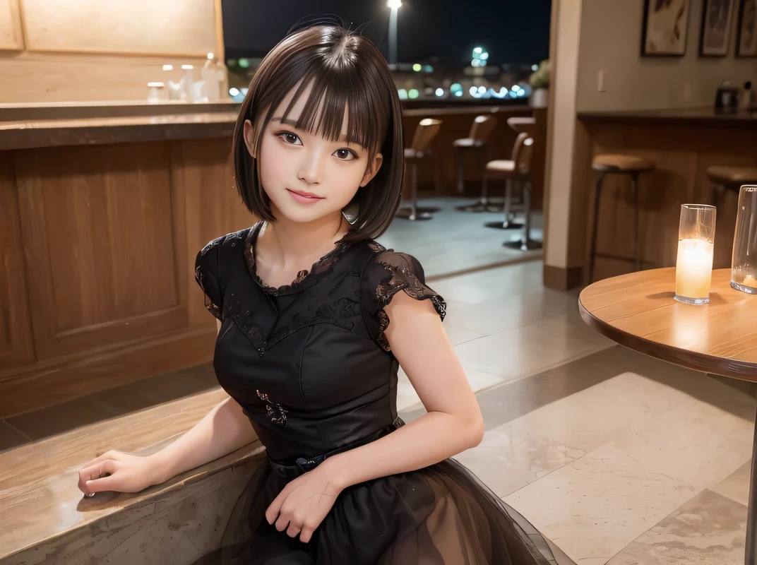 (Highest quality, masterpiece, Ultra-high resolution, 8K, RAW Photos, Realistic, Anatomically correct:1.5), 20-year-old girl:1.2, Embarrassing, avert your eyes, blush:1.0, View Viewer, ((Bar Lounge)) 、Large windows、Night view、 Light:1.2, Bokeh, Cinema Lighting:1.0, Depth of written boundary, sharp、 Cute face、Idol、Black short sleeve tulle top、Black tulle skirt、Black clothing、”(dwarf)”、(Floral clothes)、(Full Body Shot)、Side angle、Cowboy Shot、 smile、(Ultra short hair)、(Short bob cut)、(Straight bangs)、(( One Girl))、Large Breasts、
