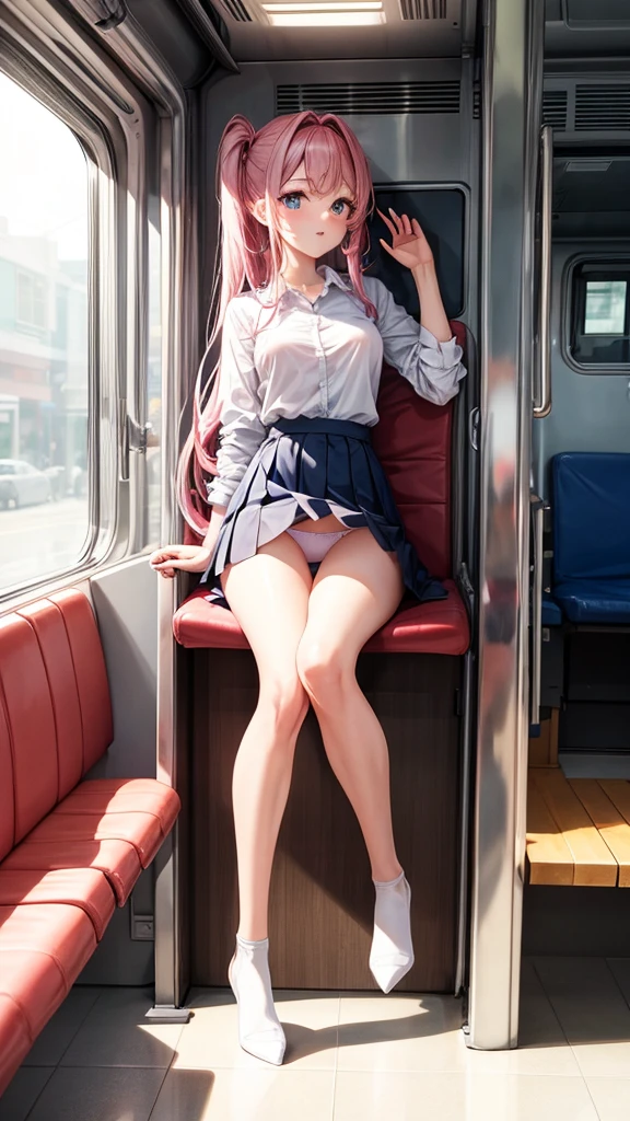 (masterpiece, highest quality, ultra high res, ultra detailed:1.3), 1 cute girl, ideal ratio body proportions, pink medium hair, sitting on long chair, in train, outstretched legs, (white panties visible:1.4), uniform, blue pleated mini skirt, on the train, clothes covered nipples, front view,