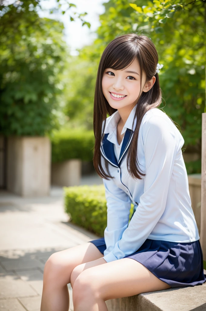 Pure Japanese school girl, wearing loose casual uniforms, natural hair styles, sweet smile, sitting relaxed mood, sweet temptation, sexual attractive, refreshing in early summer morning, professional portrait photography, 