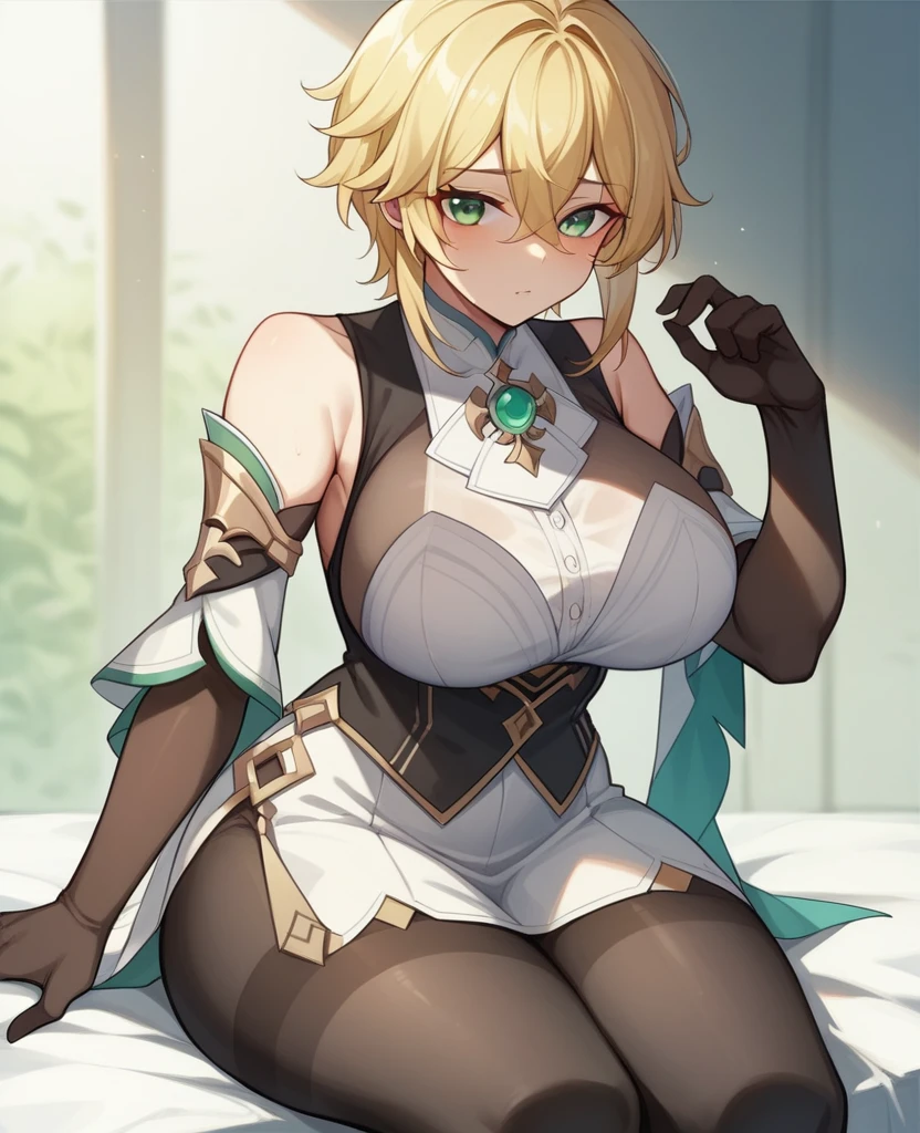 （One girl）、((short hair))、((Blonde))、[[Genshin Impact]]、(Erotic anime style)、(beautiful girl)、big breasts、plump、[Big thighs]、green eyes、wizard、Black Vest、black leggings、White sleeveless、((hairs between eyes))、(long gloves)、say、((see-through))