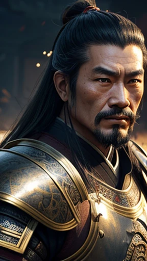 Oriental、Ancient Chinese man in bronze armor、ancient chinese hairstyle male、Three Kingdomultiple warlords、Highest quality、masterpiece、Ultra-high resolution、(Realistic:1.4)、Game Poster、Crisp and beautiful image quality、alone