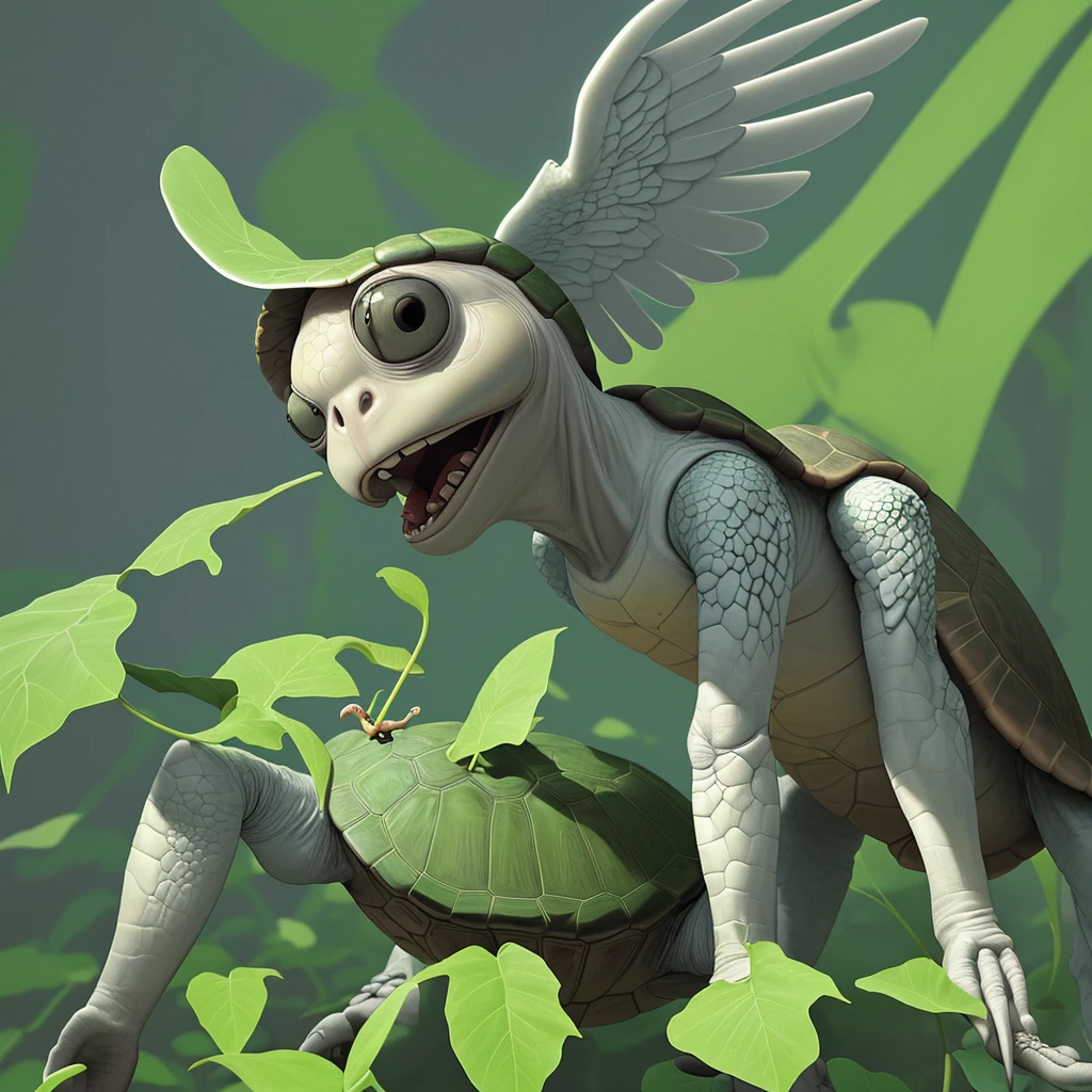 Turtle has angel wings, has a big head, crooked teeth, and eats morning glory.