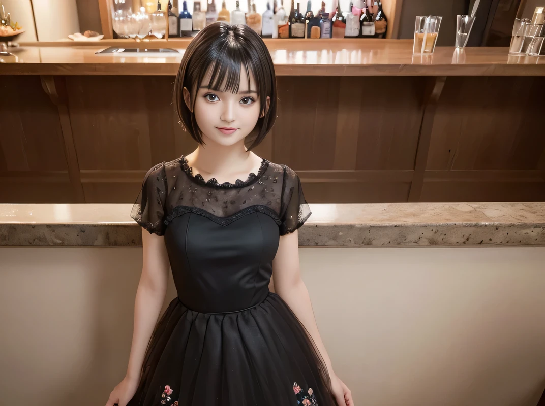 ((dark, small and dirty room))、((Japan when I was 12))、Innocent face、Baby Face、Big Breasts、Accentuate your cleavage、Realistic skin texture、Realistic 、リアルなBig Breasts、White and pink camisole dress、Big eyes、黒Big eyes、Stand next to the bed、You can see beautiful thighs、Very short、顔がとてもsmall、(Red Light District)、(Prostitute)、Sexy pink lights、small, dark room、Smile widely and show your teeth、Orange juice and coffee