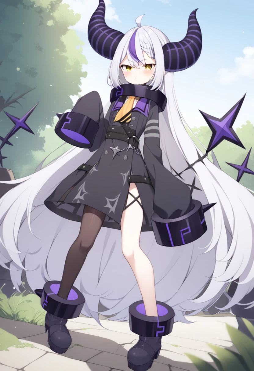 1girl , Laplus Darknesss, sleeves past wrists, sleeves past fingers, braid, long sleeves, single leg pantyhose, yellow ascot, ascot, black footwear, dress, metal collar, boots, black dress, collar, pantyhose, single thighhigh, outdoor