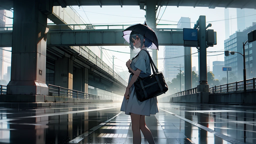 Girl on the road overpass,Early in the morning,It was just raining lightly,Clear air,Sunlight and rainwater on the road reflect off the buildings,The screen is displayed from top to bottom,Background in cool tones