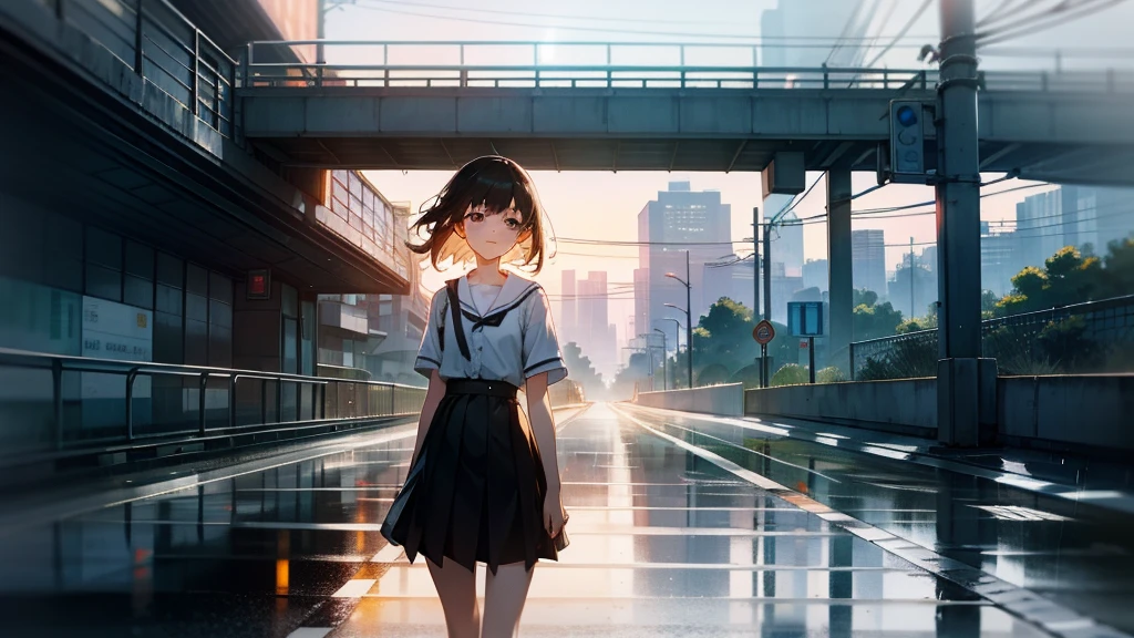 Girl on the road overpass,Early in the morning,It was just raining lightly,Clear air,Sunlight and rainwater on the road reflect off the buildings,The screen is displayed from top to bottom,Background in cool tones