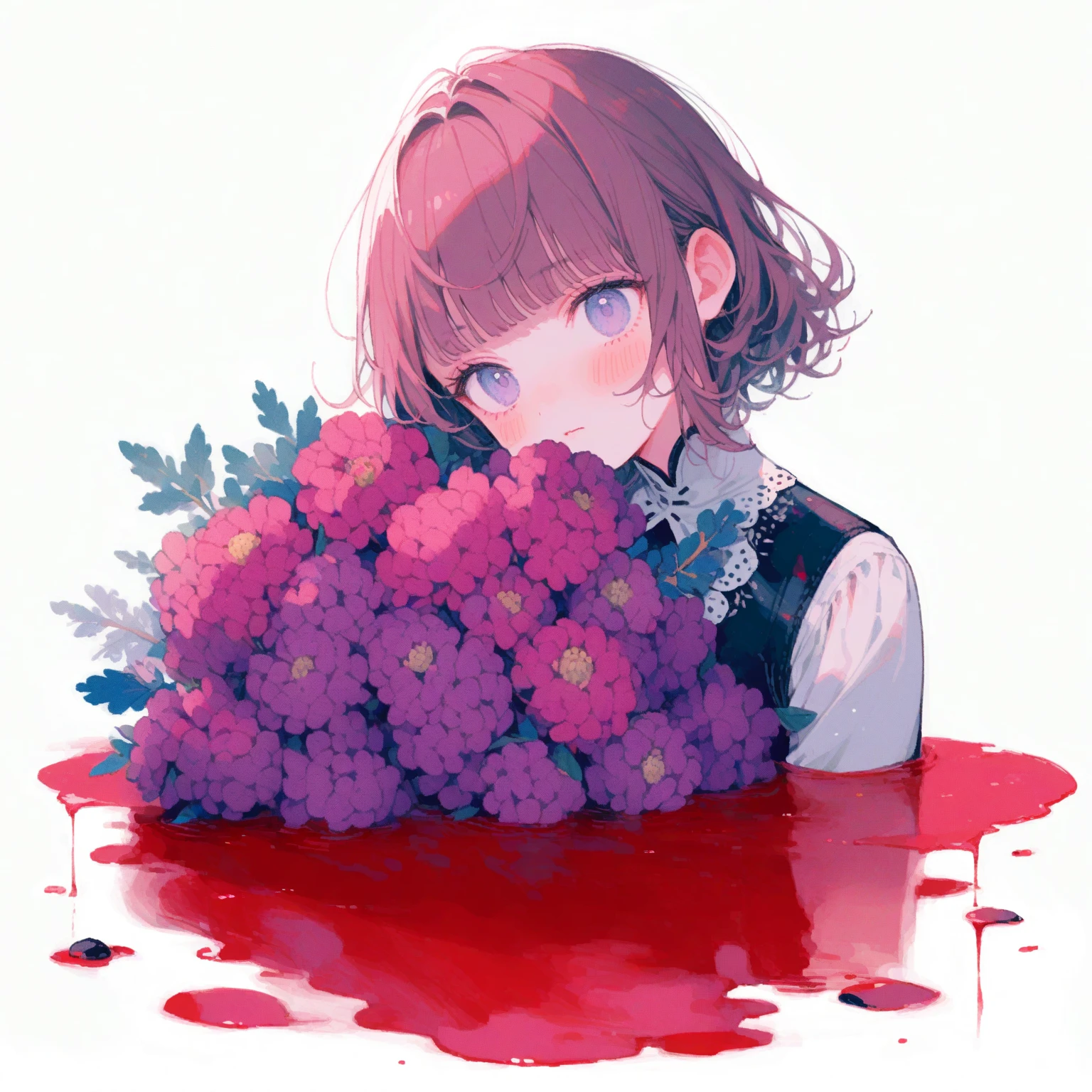 1girl、Scabiosa、Mourning clothes、Red puddle、「Unhappy Love」「I lost everything」、tegaki