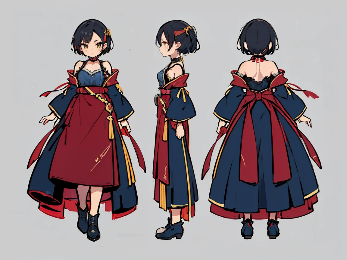(((three-sided view, front view, side view, back view, multiple views, multiple poses and expressions, many parts)), concept art, character concept art, character sheet, Full body, illustration, (simple background, gray background), 1 character, 1girl, fantasy art:1.1), (hui xiyi:0.8), rekkyo sensen, rekkyou sensen, smiling, belt, ribbon choker, black choker, ribbon, wind blowing dress, lace dress, blue camisole, half-sleeves, off-shoulder sleeves