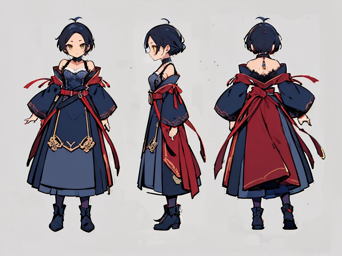 (((three-sided view, front view, side view, back view, multiple views, multiple poses and expressions, many parts)), concept art, character concept art, character sheet, Full body, illustration, (simple background, gray background), 1 character, 1girl, fantasy art:1.1), (hui xiyi:0.8), rekkyo sensen, rekkyou sensen, smiling, belt, ribbon choker, black choker, ribbon, wind blowing dress, lace dress, blue camisole, half-sleeves, off-shoulder sleeves