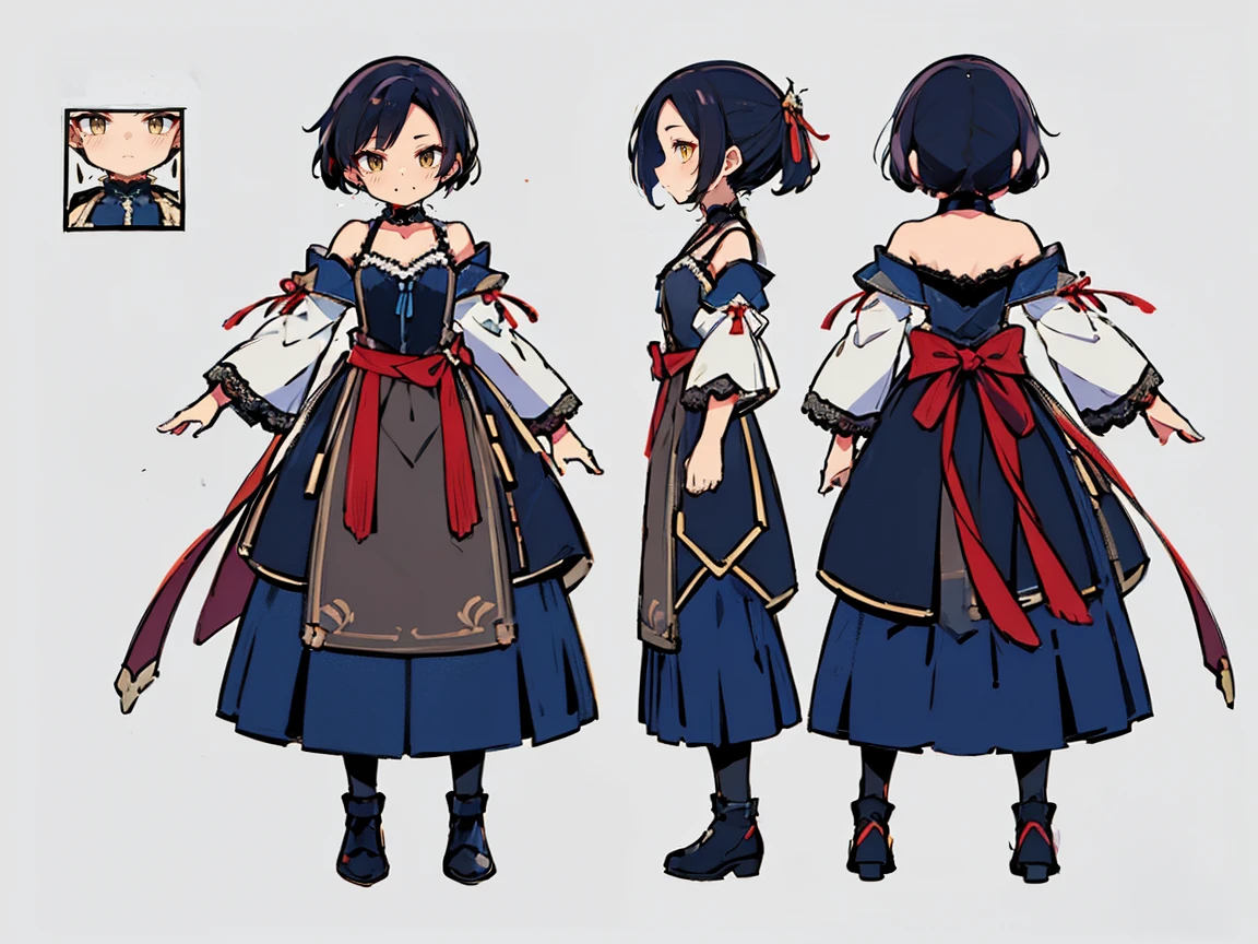 (((three-sided view, front view, side view, back view, multiple views, multiple poses and expressions, many parts)), concept art, character concept art, character sheet, Full body, illustration, (simple background, gray background), 1 character, 1girl, fantasy art:1.1), (hui xiyi:0.8), rekkyo sensen, rekkyou sensen, smiling, belt, ribbon choker, black choker, ribbon, wind blowing dress, lace dress, blue camisole, half-sleeves, off-shoulder sleeves