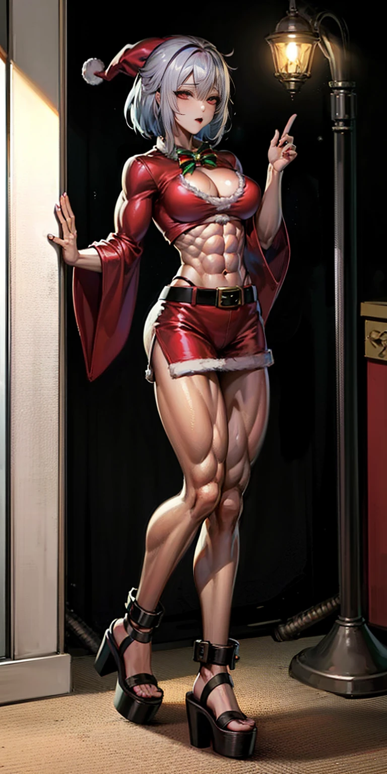 (((1 girl))), (Cassia Orsellio), (short white hair), (Red eyes), , (((wearing a sexy Santa suit))), (Full body view), (in the motel room), (((slender, muscular legs))), thin waist, Stomach Muscles, big ass, (((Full body photo))), black high heel shoes, (standing with one eye closed and showing her very sensual tongue), (((very sensual expression))), (HDR), eye reflection, extended eyes, extended eyes, moody, cheered up, minimalism, cheered up style, ray tracing, cinematic lighting, cinematic lighting, shine, shine, jpeg artifacts, bright light, rays of god, ray tracing, drop shadow, panorama, Sony FE, from behind, below, below, UHD, piece of teacher, necessary, necessary, anatomically correct, super detail, high quality , Best Quality , very high, 16k