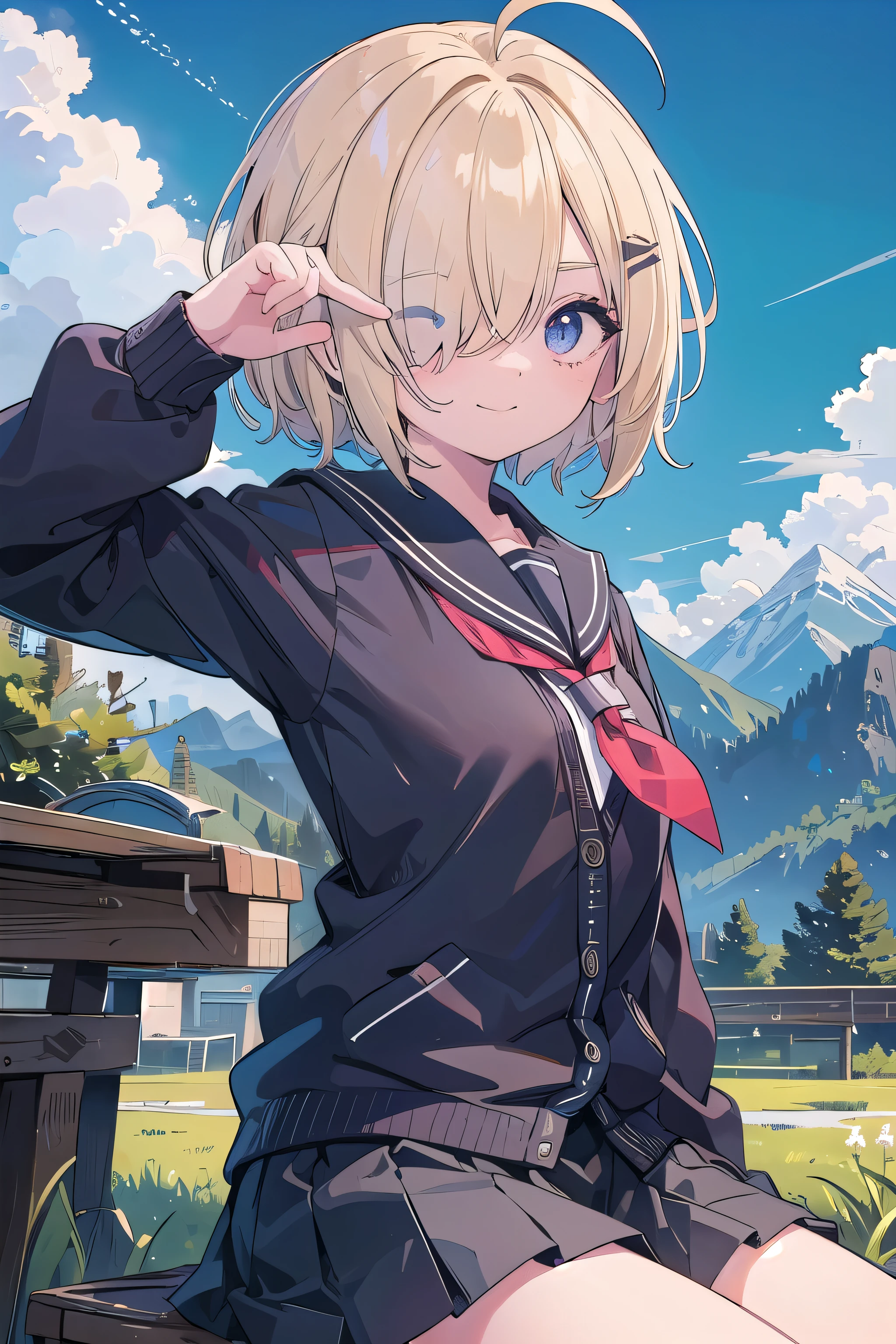 (work of art:1.2), (highest quallity:1.2), trunk, perfects eyes, face perfect, perfect lighting, mountainous horizon, 1 girl, blond, Red eye, ((((((hair over one eye,)))))), a braid, spiky hair, dull bangs, Bob Hair, ahoge, fluffy eyes, medium chest , ((From the side)),from low, cloused mouth, Vivid description,orgasming, I was scared, ahegao, ssmile+glad, tooth, anger, From the side, sitting down, schoolar uniform, trench coat