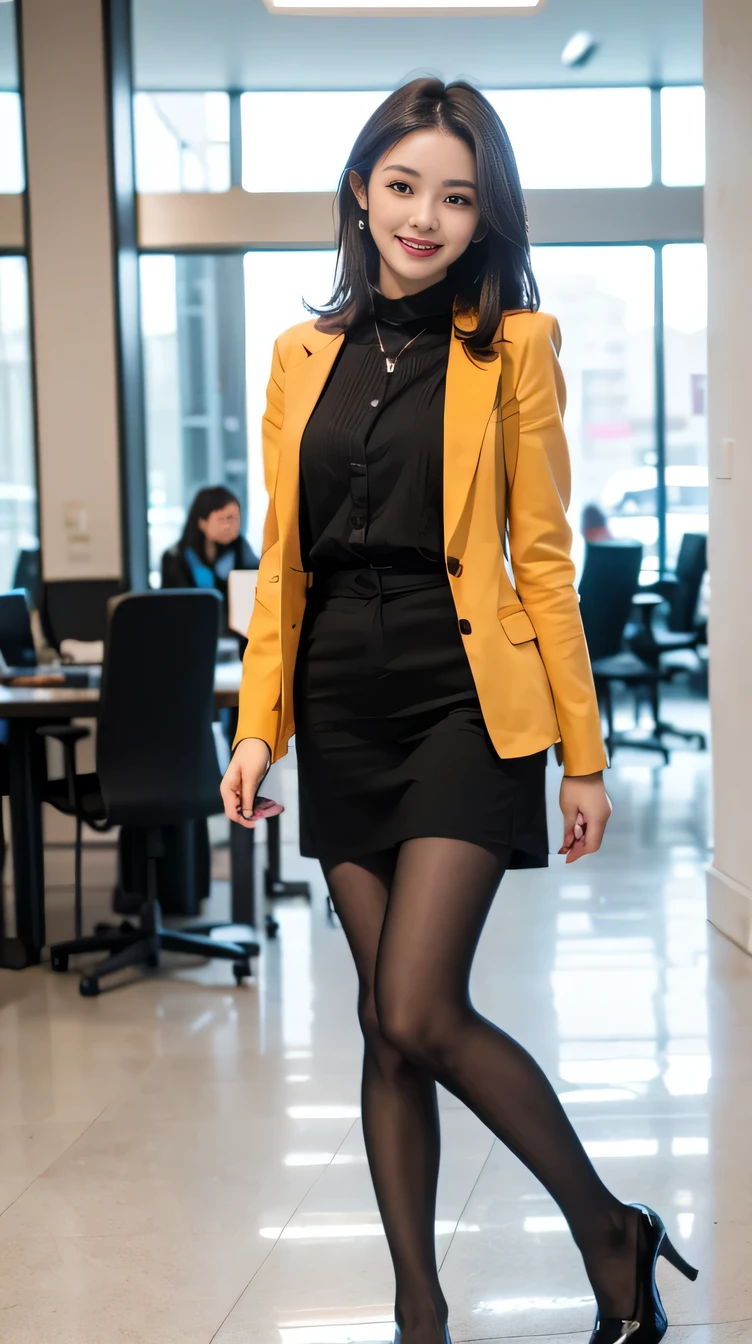 Delicate makeup cool beauty,　Accurately express the fine details of the face and skin texture,(The most beautiful face and eyes), Delicate skin,Looking into the camera、smile、Beautiful teeth alignment、Jacket、shirt、((Are standing:1.3))、(Light pantyhose:1.2), (pumps)、(Business services)、 indoor, ,The background is the building&#39;s entrance

