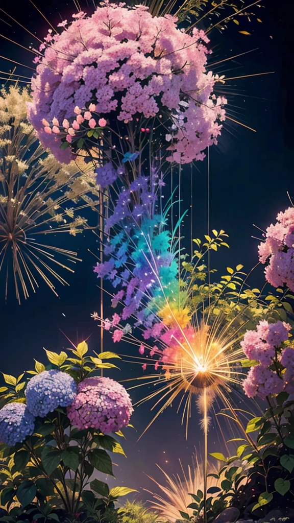 fireworkと紫陽花の背景、Colorful hydrangeas、Hydrangea scenery、firework、firework大会、Rainbow colorsのfireworkが打ちあがっている瞬間、夜nullとともに、、紫陽花景色で壮大なfirework、future都市、Highest quality、masterpiece, (Diffuse reflection of light:1.2), When the fantastic rainbow turns into shadow, bathed in a mystical atmosphere, Cast magic spells. evoke a sense of wonder and awe. A fusion of natural grandeur and magic, Weaving dreams into reality. Behold, null, And the unknown, Fleeting、And an eternal moment, 16K, Ultra-high resolution.Realistic, Ultra-high resolution, to be born,future、Rainbow colorsに光り輝く、Rainbow colors、The world 30 years from now。