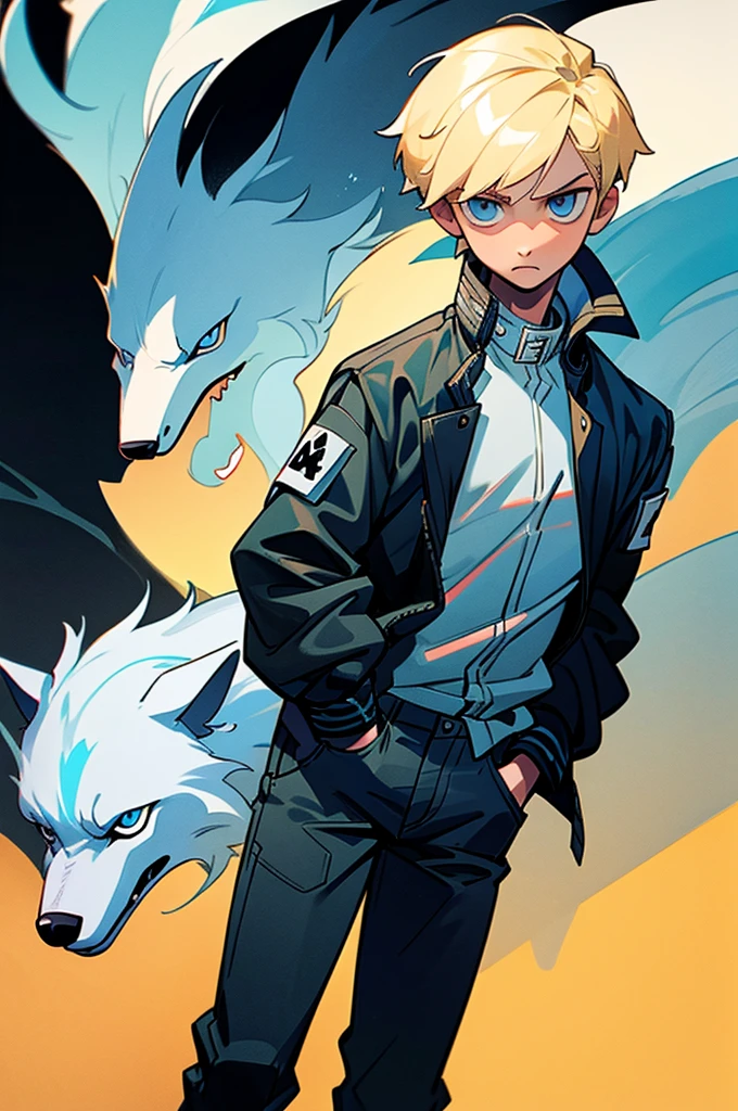 1boy , blonde hair , light blue eyes , black jacket , white shirt , hands in pocket , wolf cut hair ,, no background ,, ((4K quality))