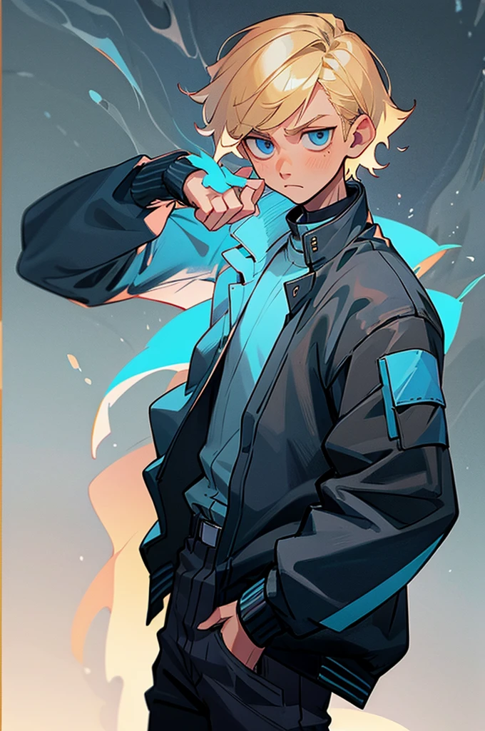 1boy , blonde hair , light blue eyes , black jacket , white shirt , hands in pocket , wolf cut hair ,, no background ,, ((4K quality))
