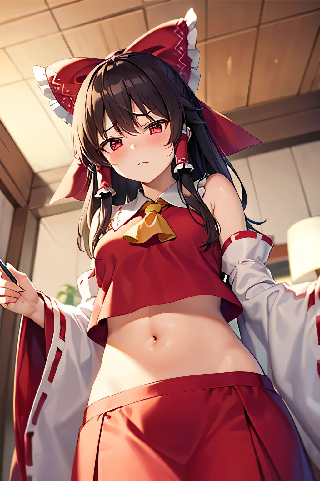 super fine illustration, vibrant colors, masterpiece, sharp focus, best quality, depth of field, cinematic lighting, ultra detailed, blush, annoyed, belly button, navel, tummy, crop top, shrine maiden, hakurei reimu, 1girl, hair bow, ascot, hair tubes, detached sleeves, looking down, red shirt, red skirt, very long hair, very messy hair, dark brown hair, indoors, mature woman, ,hakurei reimu, 1girl, hair bow, ascot, hair tubes, miko, detached sleeves, Reimu Hakurei,