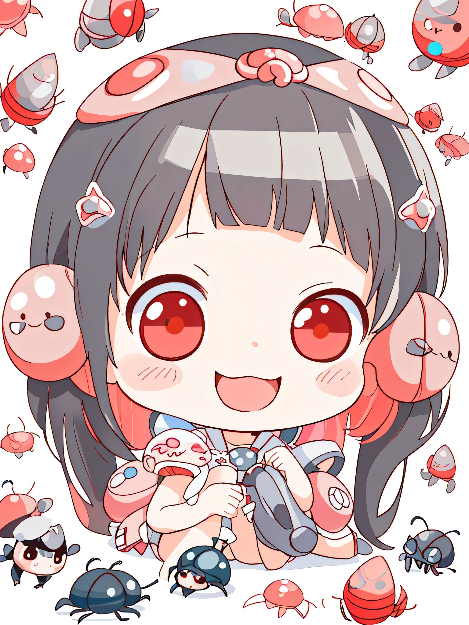 Black Star Red and White style、Kawaii Design, The most beautiful girl of all time、chibi,, Cute and colorful pillbug, dream, smile, life