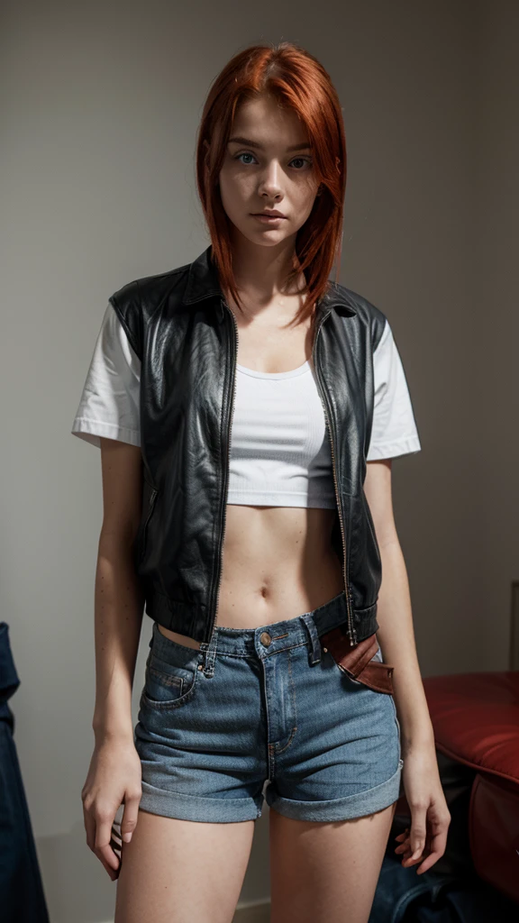 18 year old young girl, redhead with red eyes, black leather jacket, short white shirt, hot blue short jean shorts, with dark red power aura, serious look, sexy