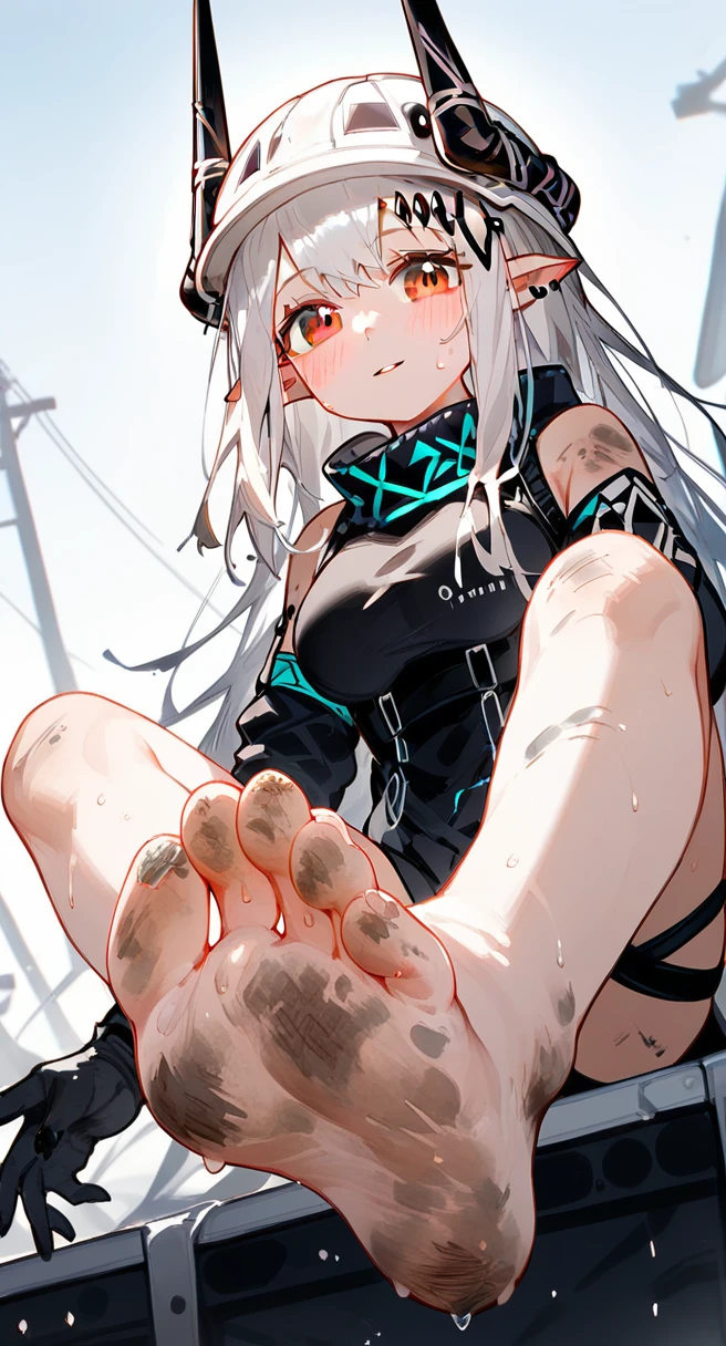 score_9,score_8_up,score_7_up,1girl,mudrock (arknights),dirty,feet,gloves,helmet,horns,soles,red eyes,barefoot,pointy ears,breasts,solo,long hair,white hair,black gloves,toes,hardhat,foot focus,looking at viewer,sitting,sweat,parted lips,dirty feet,holding,outdoors,sky,bangs,oripathy lesion (arknights),day,smile,blush,demon horns,infection monitor (arknights),foreshortening,sun,uhd,