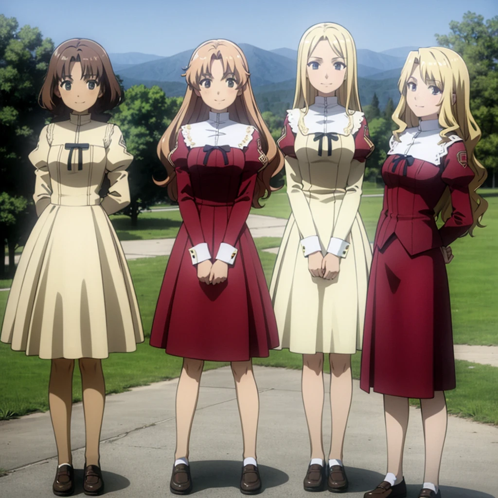 masterpiece, high quality, 4 girls, 4 sisters, blond hair, curly hair, brown haired sisters, blond sisters, different hair colors, hazel eyes, medium bust, matching clothing, uniforms, smiling, flat_color, same height, organized pose, back to back