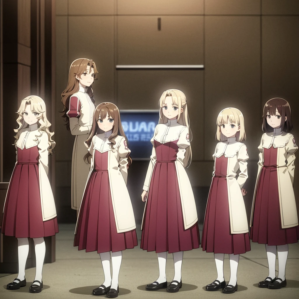 masterpiece, high quality, 4 girls, 4 sisters, blond hair, curly hair, brown haired sisters, blond sisters, different hair colors, hazel eyes, medium bust, matching clothing, uniforms, smiling, flat_color, same height, organized pose, back to back